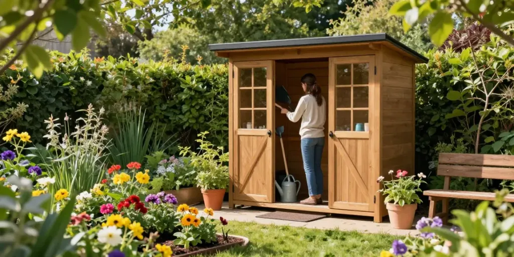 Wooden garden storage shed in a tranquil garden, showcasing organization and beauty.