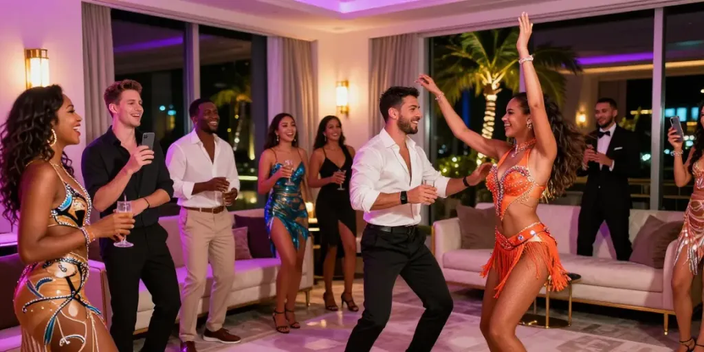 Strippers for hire performing at a Miami luxury hotel party, creating a lively atmosphere.