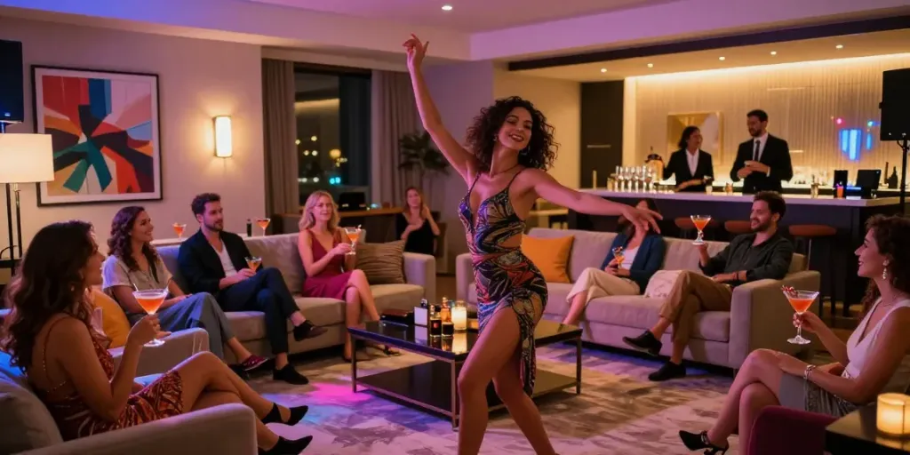 Private strippers performing in a luxurious hotel suite, party atmosphere with colorful lights.